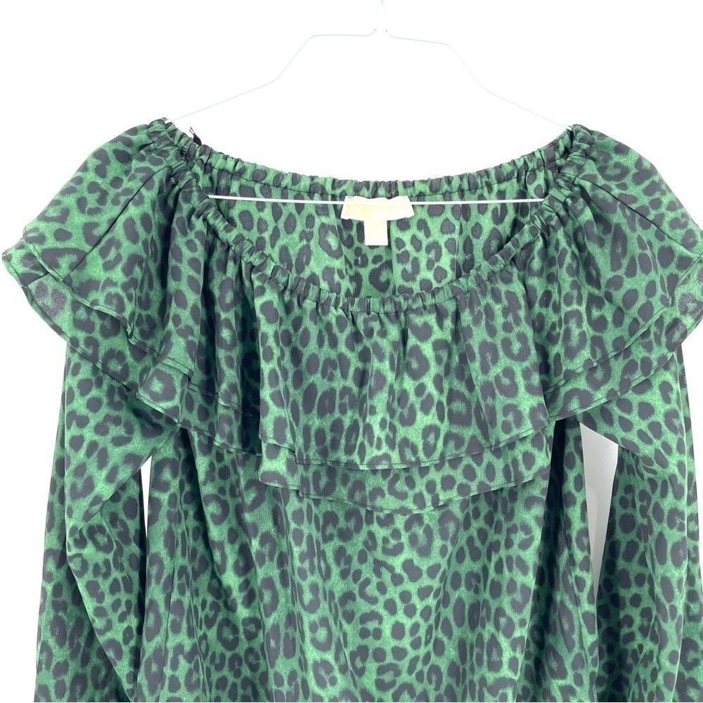 Michael Kors Green Black Leopard Print Off Shoulder Blouse Top - Picture 3 of 7